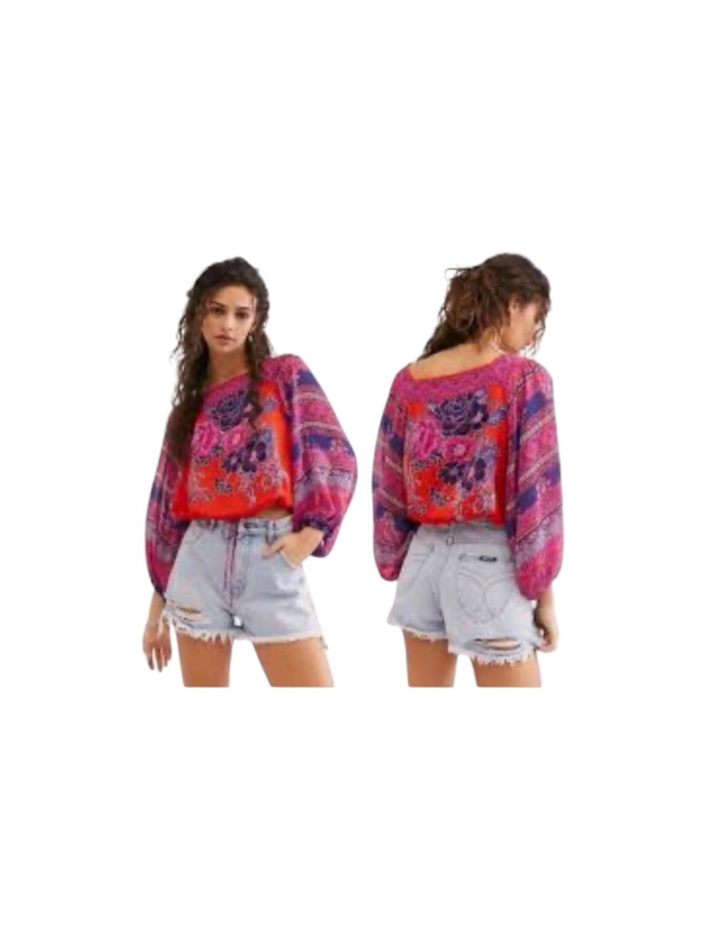 Free People Blue Nile Floral Print Blouse Exaggerated Sleeves Pull-On Top xL